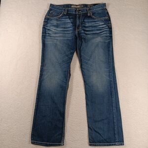 BKE Jeans Mens 34x31 Blue Denim Derek Straight Leg Thick Stitch Whiskers Cowboy